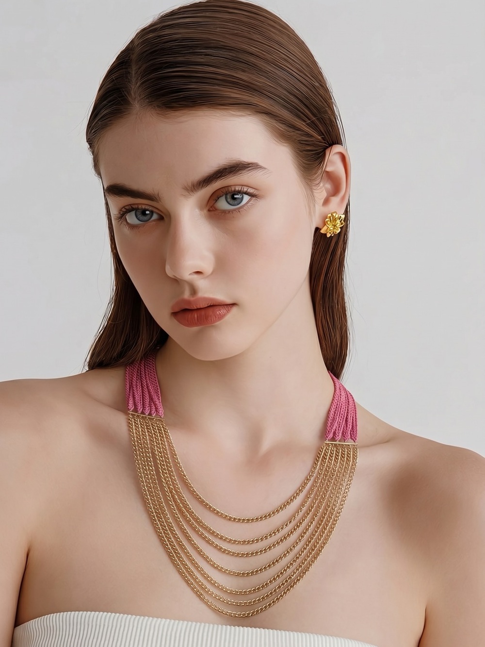 Multi Strand Pink Gold Tone Chain Necklace Lobster Closure Adjustable 39”